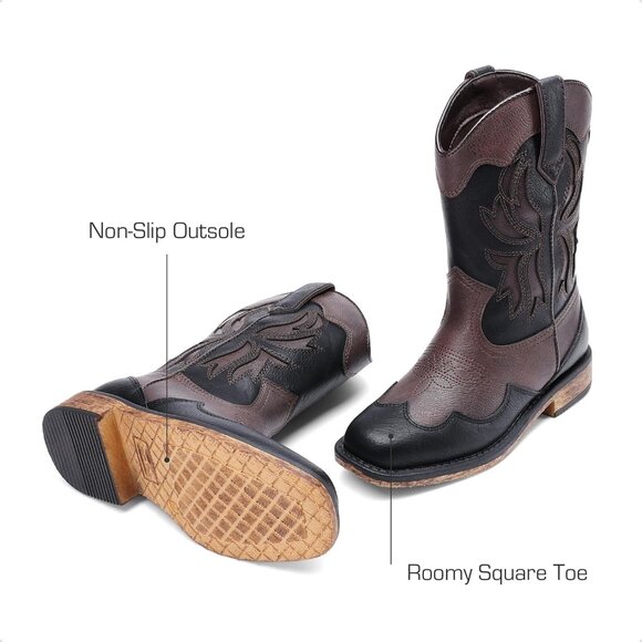 ⚡Girls Brown Black Square Toe Mid Calf Cowgirl Boot Western Fashion Riding Shoes - Picture 5 of 6